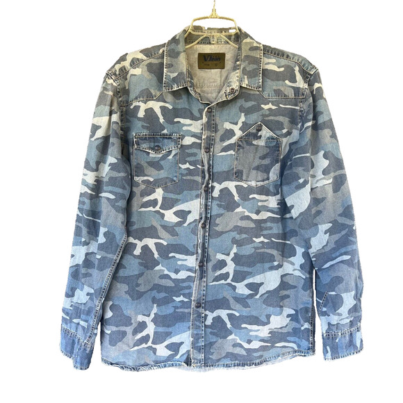 Shirt Jacket Mens XLarge Blue Camo Denim Shacket Snap Button Casual Utility - Picture 1 of 10